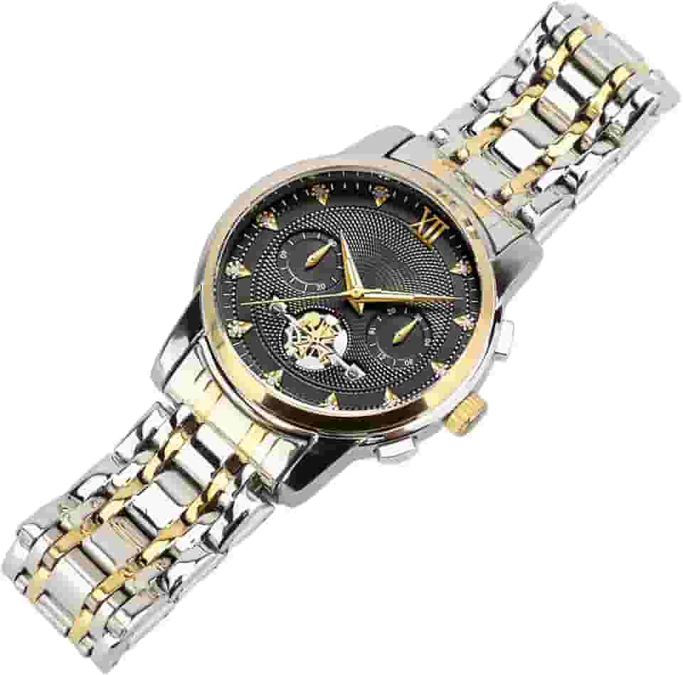 Relógio de Pulso Masculino de Quartzo, Display de Fases da Lua, Resistente à água, Indicação Luminosa de Tempo, Elegante e Funcional, Com Marcadores de Horas de (Ouro Preto)