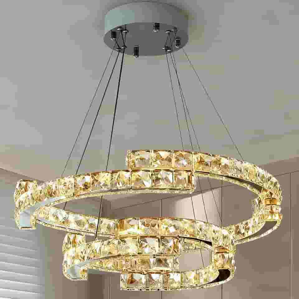 Lustre Pendente LED Dourado Moderno - 2 Anéis Ajustáveis (40+60cm) - Controle Remoto 3000K-6000K - Para Sala de Jantar e Quarto 116W