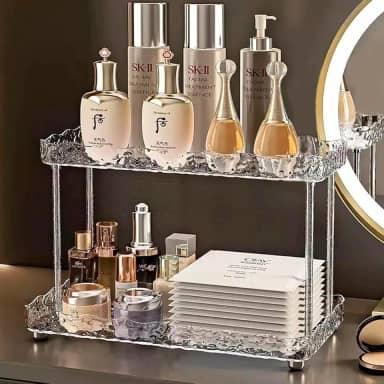 Organizador de Maquiagem Mesa Bancada Closet Cosméticos Perfumes Penteadeira Make 2 andares Banheiro Quarto Prateleira Dupla Acrílico Moderno Prático Contemporâneo Premium