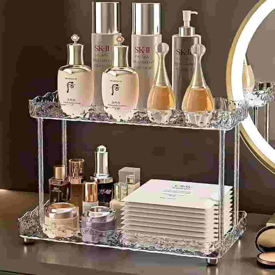 Organizador de Maquiagem Mesa Bancada Closet Cosméticos Perfumes Penteadeira Make 2 andares Banheiro Quarto Prateleira Dupla Acrílico Moderno Prático Contemporâneo Premium