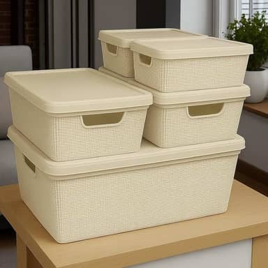 Caixa Organizadora com Tampa Kit 5 Peças Cesto Grande em Plástico 1,8 L 5 L 15 L - Rv-Ecommerce (Bege)