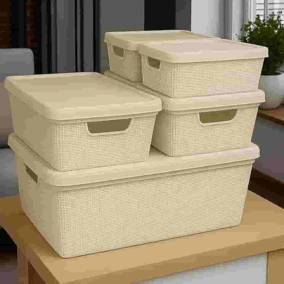 Caixa Organizadora com Tampa Kit 5 Peças Cesto Grande em Plástico 1,8 L 5 L 15 L - Rv-Ecommerce (Bege)