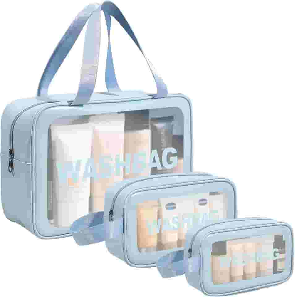 Kit 3 Necessaire Transparente Washbag,Necessaire Viagem,Tamanhos Grande Médio e Pequeno para Viagens,Maquiagem,Banho e Ginástica,Bolsa de Armazenamento à Prova d'Água Com Zíper à Prova d'Água (Azul)