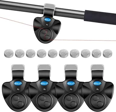 Alarme de mordida de pesca com 4 peças com 10 baterias sobressalentes, alarmes eletrônicos de pesca, alarmes de mordida para varas de pesca com alarme sonoro sino, luz LED, indicador de alarme de