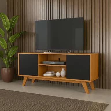 Rack Turim Estante Multifuncional Para Sala de Estar com Prateleira, Porta e Organizador (Cedro/Preto)