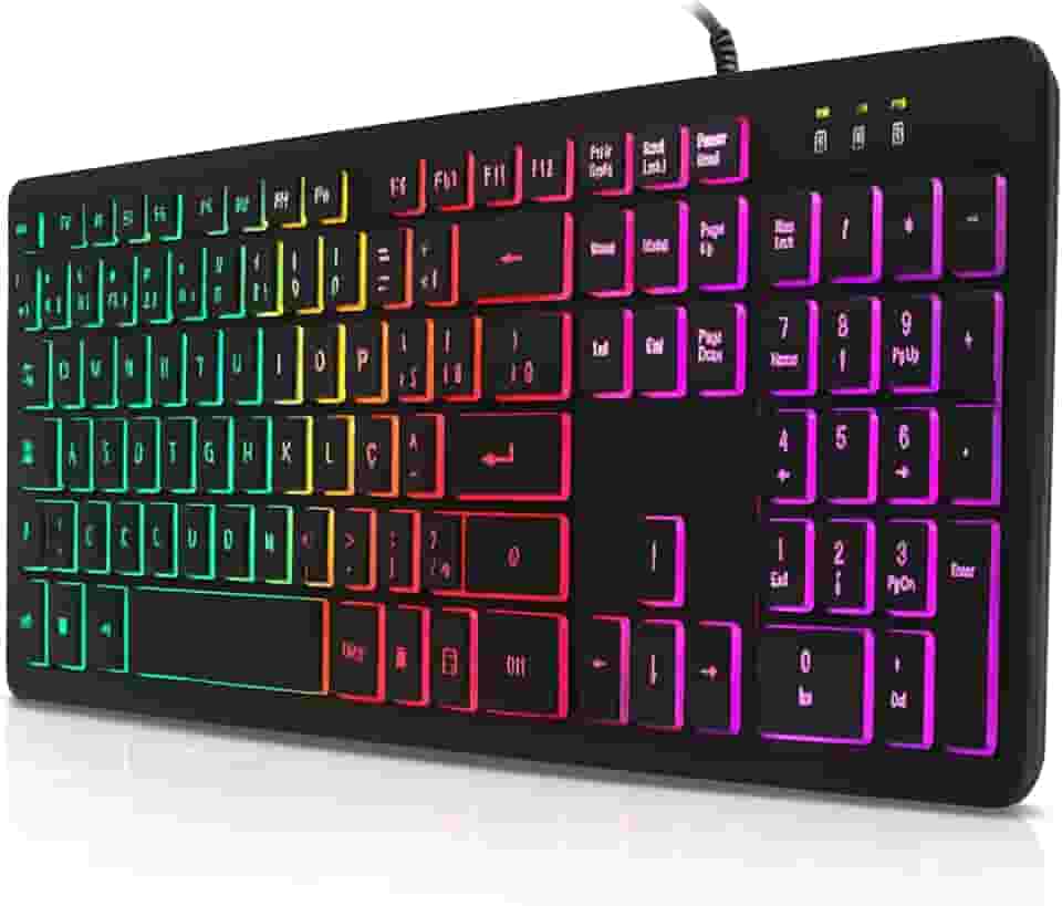 Teclado Gamer LED RGB USB ABNT2 com Fio, 107 Teclas, Anti-Ghosting, Padrão Brasileiro com Tecla ''Ç'' – Compatível com PC/Windows/Linux/Mac, com Iluminação Rainbow, Macio e Silencioso