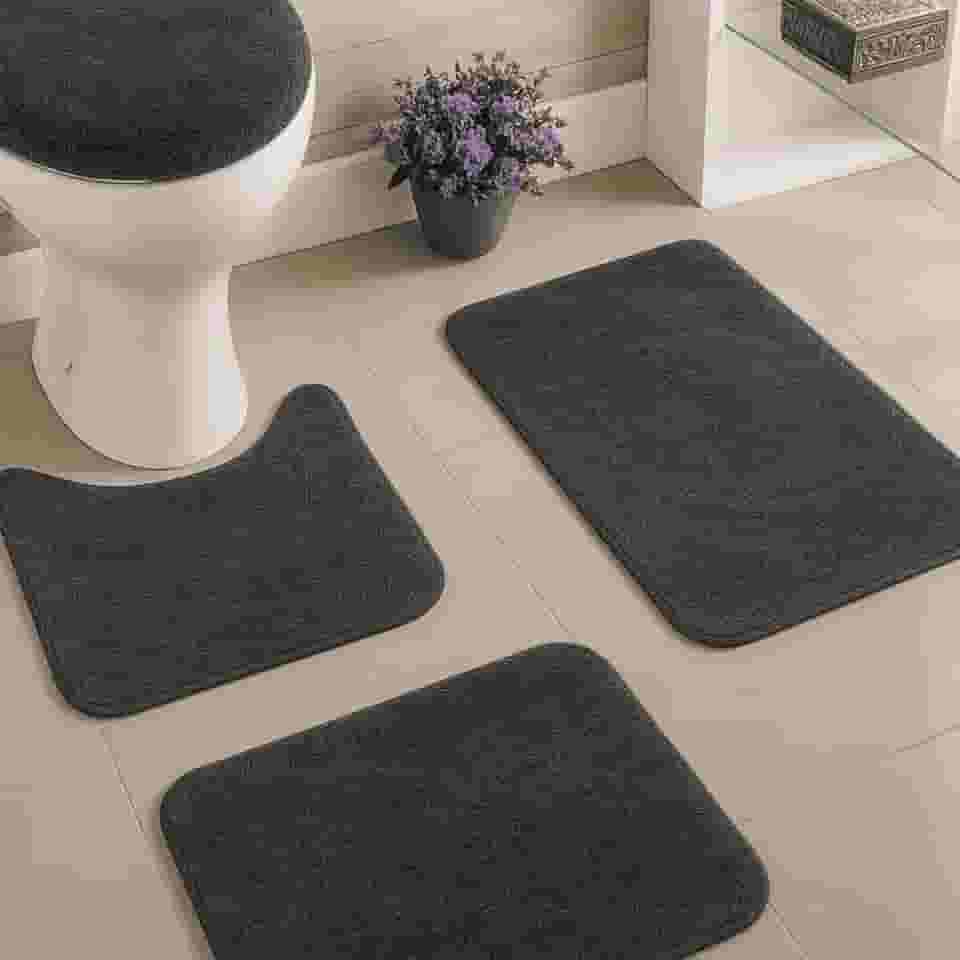 Jogo de Tapetes para Banheiro Antiderrapante, Base Antiderrapante, 3 Peças, Algodão Premium, Textura Felpuda (Cinza)