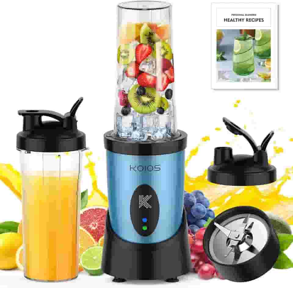 KOIOS Liquidificador para smoothies, liquidificador pessoal de pico de 900 W para shakes e vitaminas de cozinha, com copos portáteis de 5 x 56 ml e tampas para viagem, lâmina removível de aço