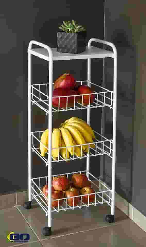 Fruteira de Chão 3 Andares Organizadora c/Rodinhas e Cesto Removível Branca - By K80