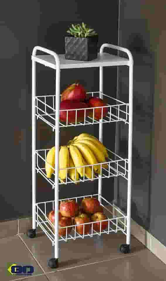 Fruteira de Chão 3 Andares Organizadora c/Rodinhas e Cesto Removível Branca - By K80