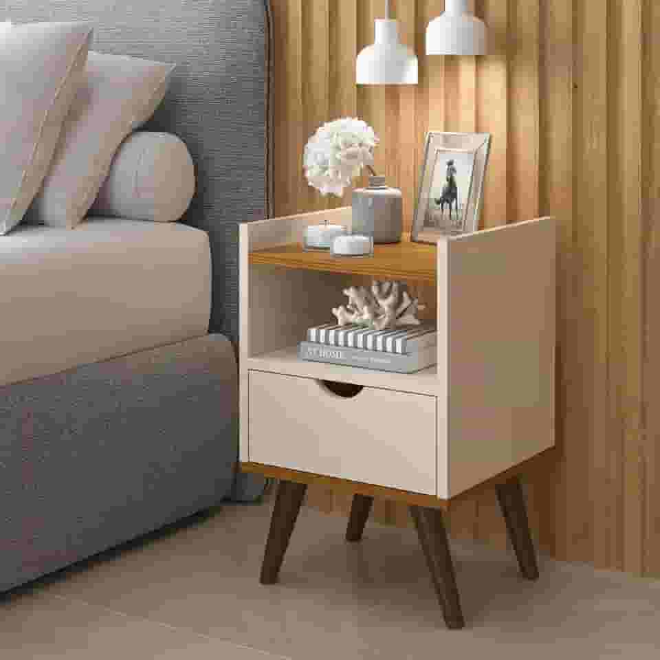 Mesa De Cabeceira Alice Modelo Retrô Com 1 Gaveta e Nicho (Off White/Freijo)