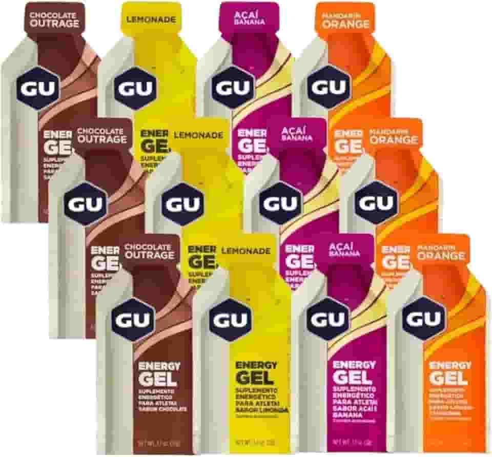 Box Gel Energético com 12un de 32g Chocolate Belga, Limonada, Laranja e Açai com Banana