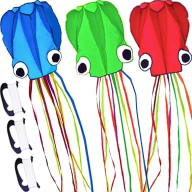 Pacote com 3 pipas de polvo, pipa 3D de cauda longa fácil de voar Kite Beach Kites pessoas adultos presente 3 cores (azul verde vermelho) Pipas para crianças fácil de voar, kit de pipa com corda de pipa de 100 m, kiteboard para adultos