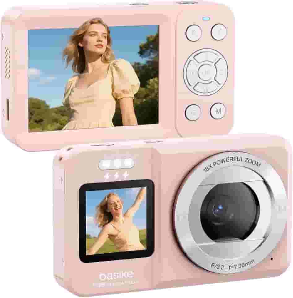 Basike Câmera Fotográfica Digital 4K UHD 64MP, Zoom 18X, Tela Dupla com Flash, Foco Automático e Time-Lapse, para Iniciantes, Jovens e Viagens, Compacta, Criativa e Portátil – Rosa