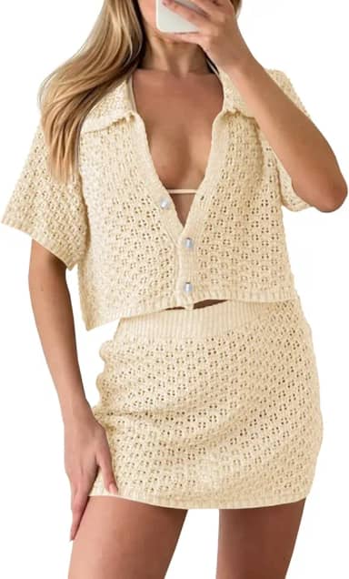Conjunto feminino de 2 peças, conjunto de saída de crochê, praia, verão, malha, botão, manga curta, mini saia