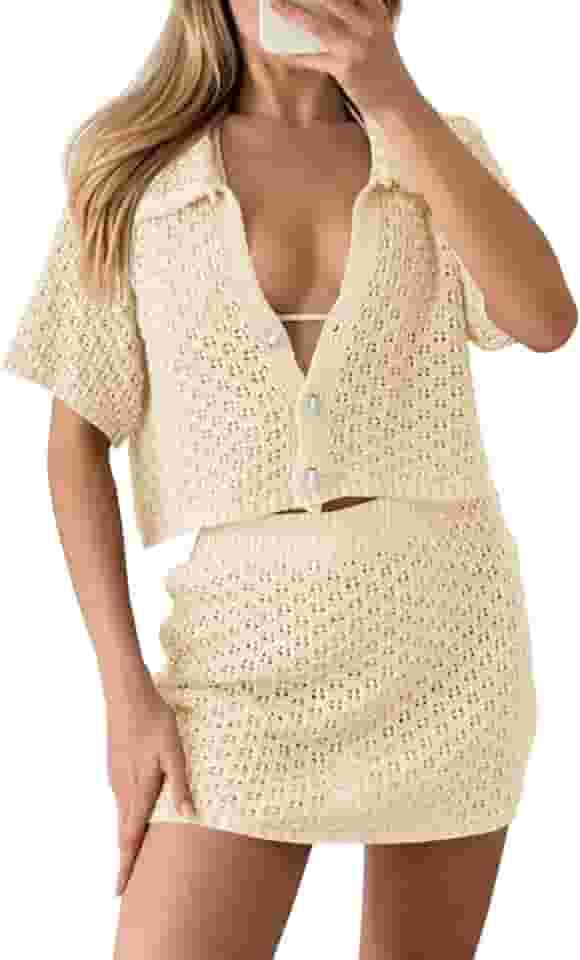 Conjunto feminino de 2 peças, conjunto de saída de crochê, praia, verão, malha, botão, manga curta, mini saia