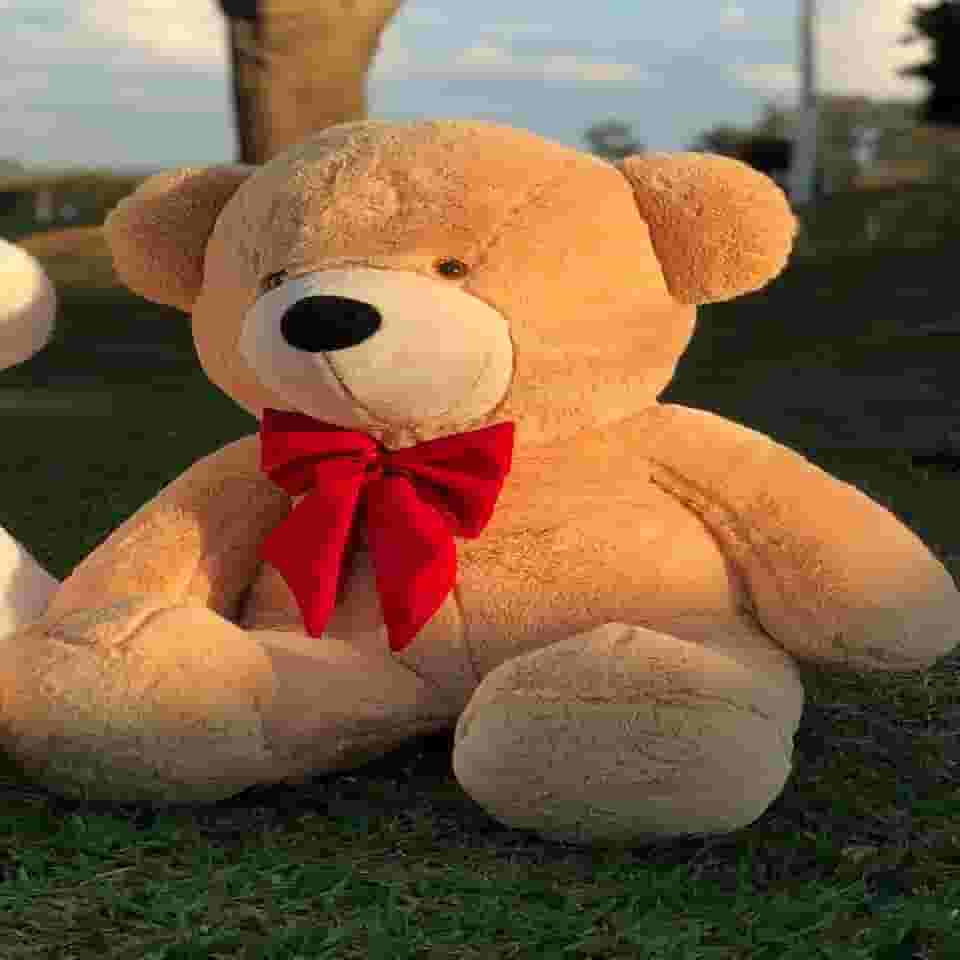 Urso de Pelúcia Gigante 90cm Personalizado Macio Teddy Doce de Leite com Laço Vermelho