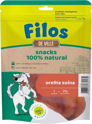 Filos Petisco para Cães Orelha Suína Natural Desidratada com 1 Unidade sem Corantes nem Conservantes Rico em Proteina e Colágeno Auxilia na Limpeza dos Dentes