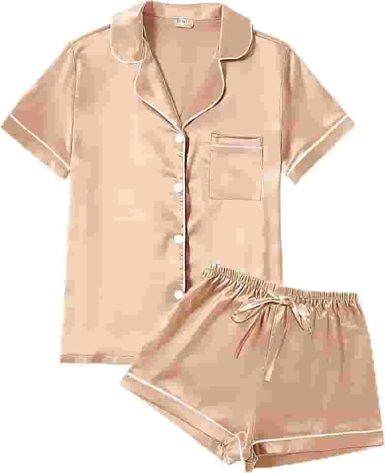 Pijama feminino de manga curta com botões macios, conjunto de 2 peças de shorts de cetim
