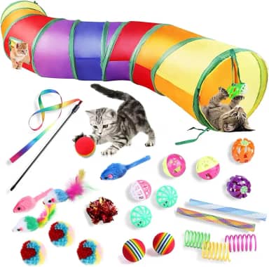 Kit 24 em 1 para Gatos Brinquedo Interativo com incluindo varinha mágica para gatos,Túnel Labirinto Colorido, ratinho de pelúcia, Jogo Divertido para Estimulação de Pets