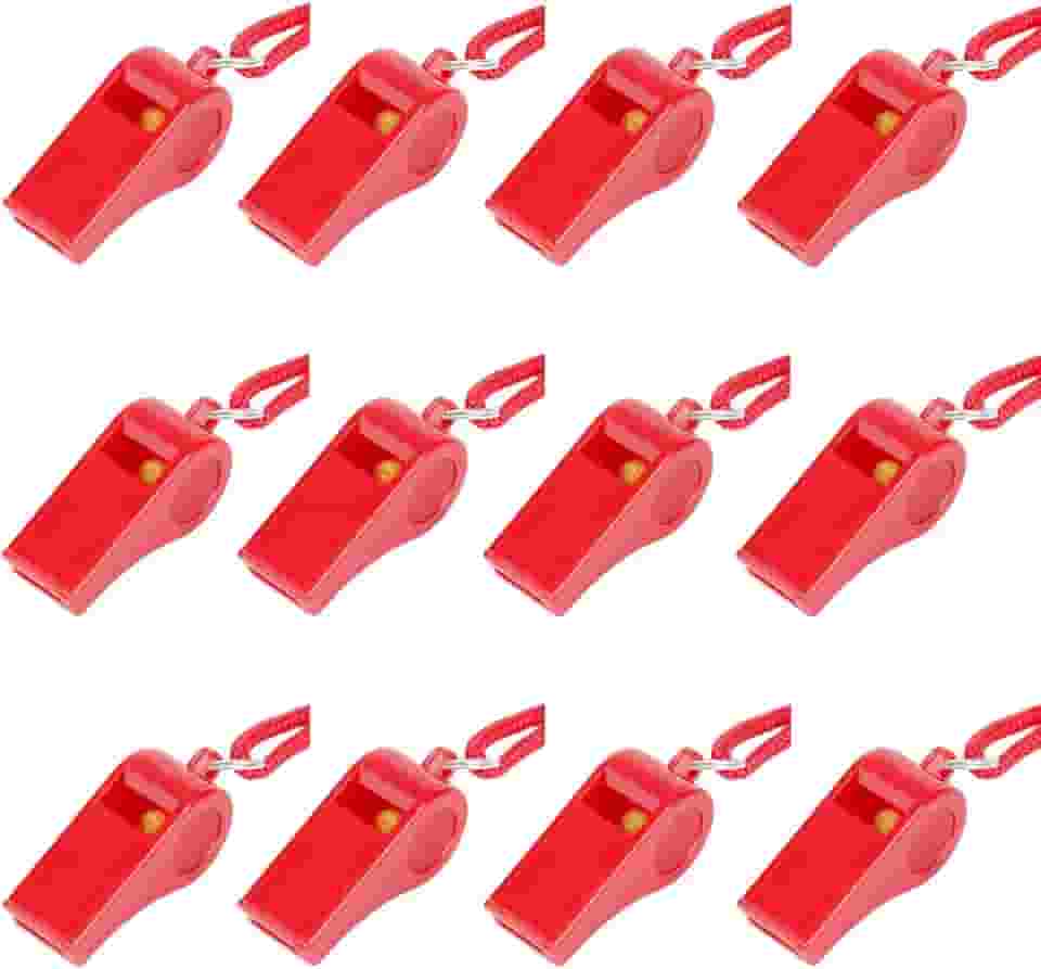 Apito de emergência vermelho de 12 peças com cordão, apitos de plástico super altos, perfeitos para autodefesa, salva-vidas e emergências