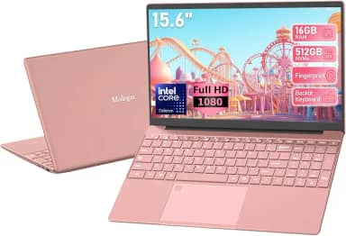 Laptop de estudante FHD de 15,6 polegadas rosa, 16 GB DDR4 RAM 512 GB PCIe SSD, laptop portátil com teclado retroiluminado, abertura de ângulo de 180°, leitor de impressão digital, bateria de 6000 mAh