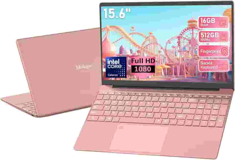 Laptop de estudante FHD de 15,6 polegadas rosa, 16 GB DDR4 RAM 512 GB PCIe SSD, laptop portátil com teclado retroiluminado, abertura de ângulo de 180°, leitor de impressão digital, bateria de 6000 mAh