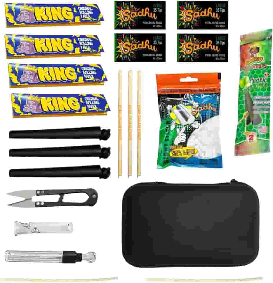 Kit Completo com 22 Itens, Seda King Original Rolling Paper, Piteira Safari, Estojo, Blunt, Tesoura, Mocó, Pilão, Piteira de Vidro e Limpador