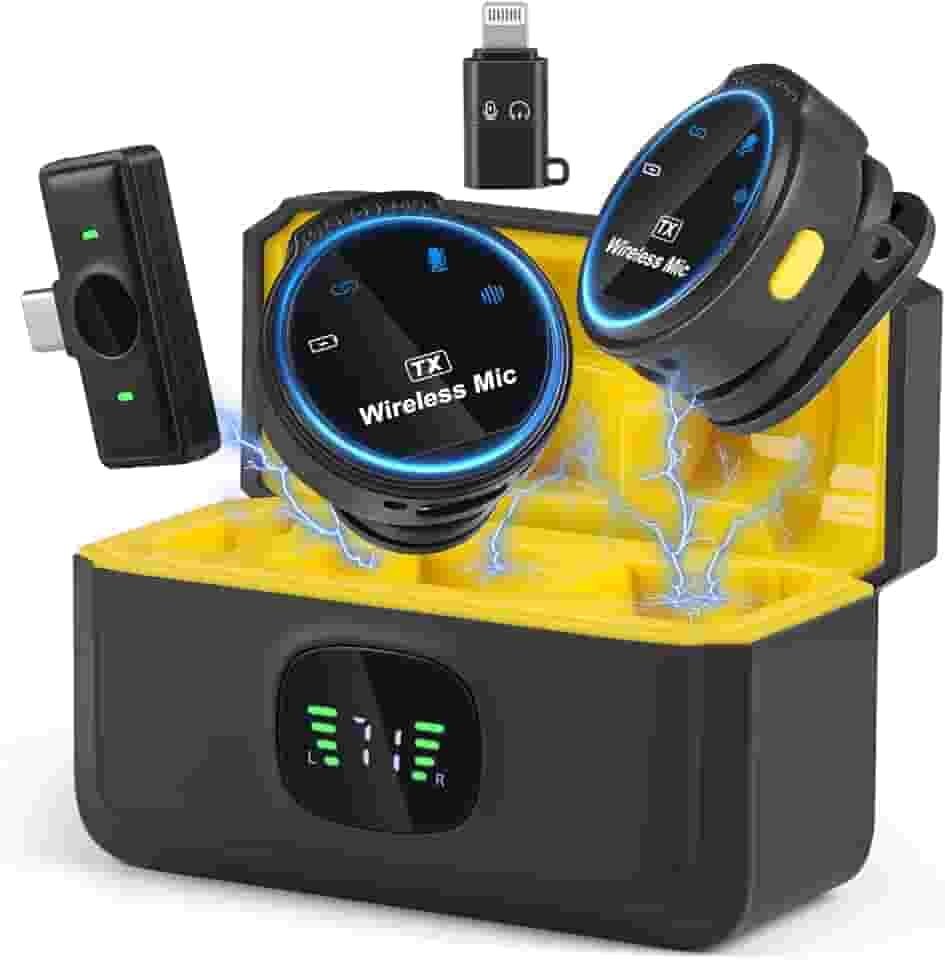 Microfone de Lapela Profissional Sem Fio com Capa de Carregamento, 2 Mini Microfones Sem Fio com Cancelamento de Ruído Inteligente, Compatível com Android e iPhone para Gravação de Vídeo