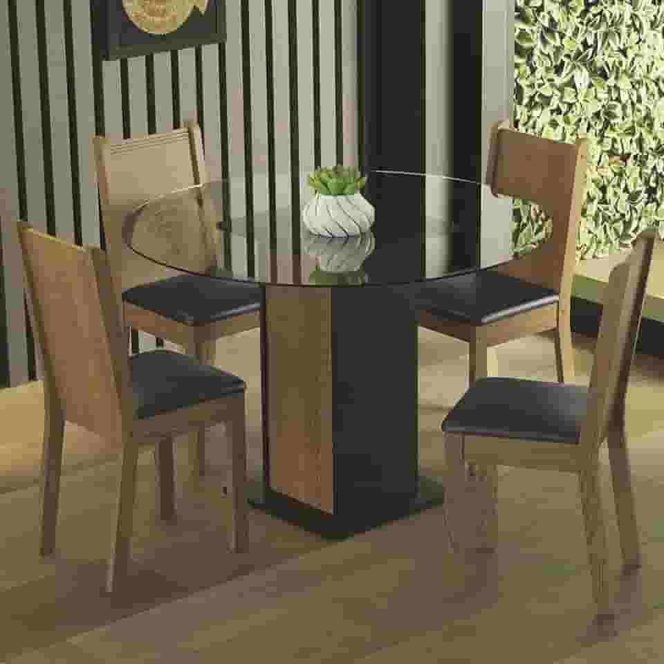 Conjunto Sala de Jantar Madesa Débora Mesa Tampo de Vidro Redondo 4 Cadeiras - Preto/rustic