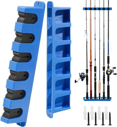 Suportes verticais de vara de pescar/vara para garagem, suporte de vara de pesca DZrudun premium, EVA e base de PP resistente a choques, vara de pesca montada na parede, comporta até 6 varas, serve
