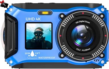 Câmera digital – Câmera subaquática 4K 56MP 33FT UHD para snorkeling com cartão de 32 GB de tela dupla, compacta, à prova d'água, à prova de poeira, câmera flutuante – Câmera digital de foco
