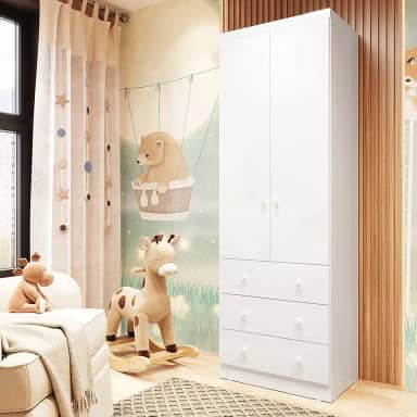 Guarda Roupa de Bebê 2 Portas 3 Gavetas Smim Móveis Peroba Branco Brilho