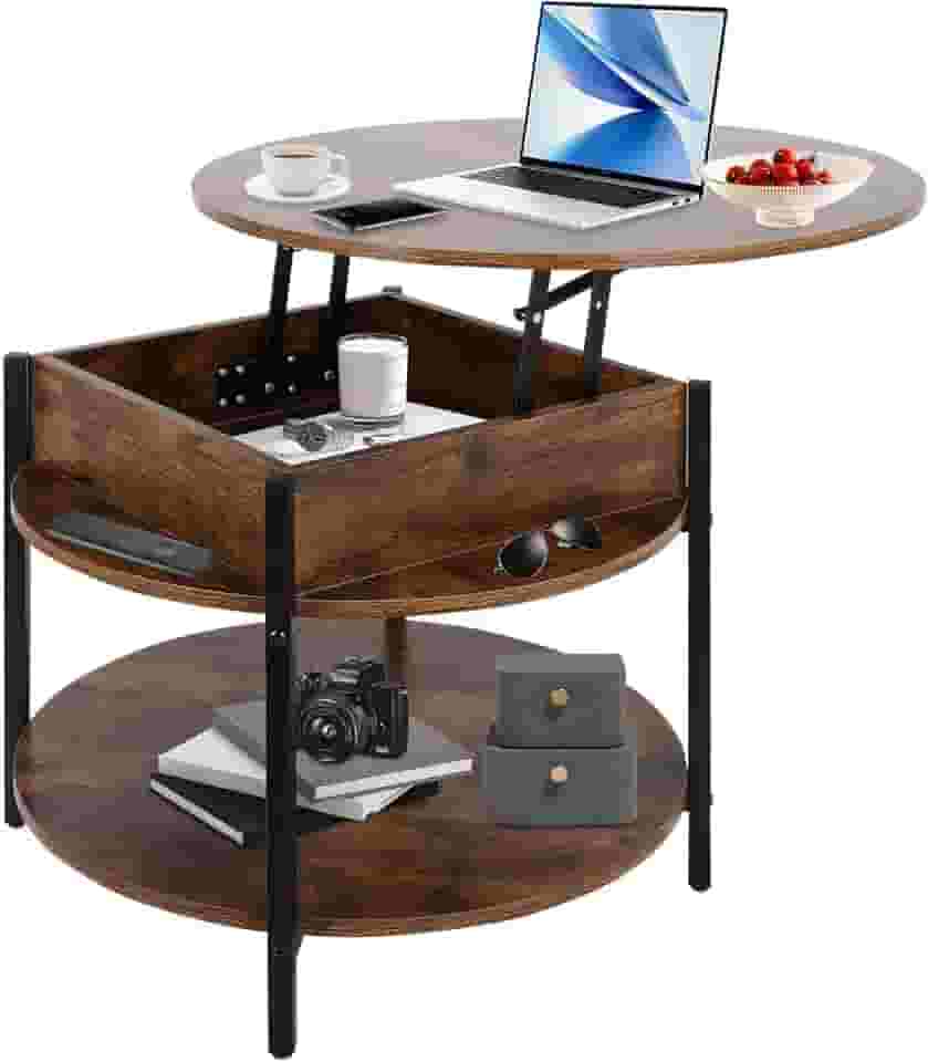 FAHKNS Mesa de centro redonda elevatória com armazenamento e compartimento oculto, mesa circular de duas camadas de 68 cm com design que economiza espaço para sala de estar, marrom rústico