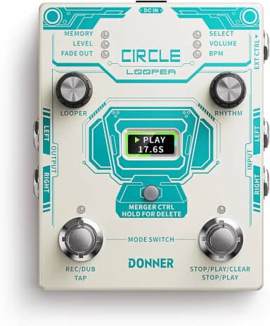 Donner Pedal Circle Looper, Pedal de loop de guitarra estéreo para placas de pedal, 40 compartimentos, 160 minutos com máquina de tambor, 100 ranhuras de tambor, Tap Tempo, Fade Out