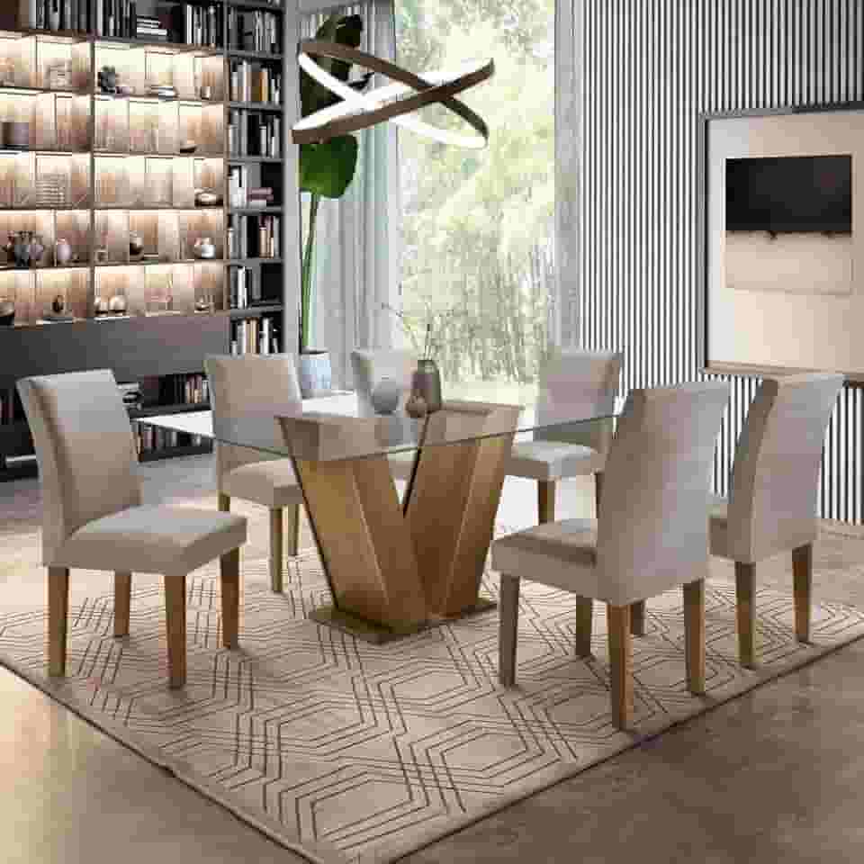 Conjunto de Mesa de Jantar com 6 Cadeiras Classic Suede Ypê e Cinza
