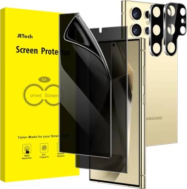 JETech Película Protetor de Tela Privacidade para Samsung Galaxy S24 Ultra 5G 6,8 Polegadas com Protetor Lente Câmera, TPU Flexível Anti-Espião, Compatível com Fingerprint Unlock, 2 Pacotes Cada