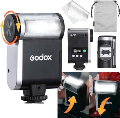 Godox Flash GODOX iA32 Mini câmera flash – Flash automático GN 15, 8 níveis de potência/2,5s Reciclagem/490 tempos de flash/modos automático/manual, mini flash para câmeras Canon/Nikon/Sony/Fuji (não