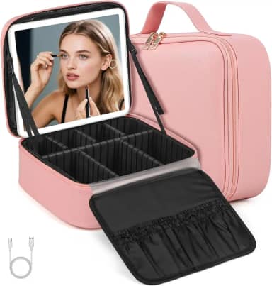 Maleta de Maquiagem, Organizador de Maquiagem com Espelho de LED, Bolsa de Maquiagem com Espelho e Luz LED de 3 Cores, Bolsa de cosméticos de Viagem para Mulheres, Cor Rosa
