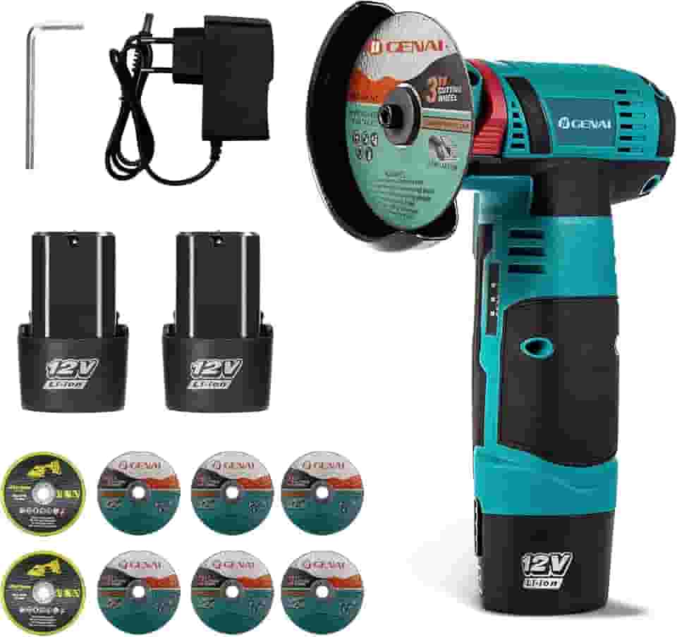 12V Mini Esmerilhadeira Angular Portátil, 2 Baterias, 19500 RPM, Com 8 Discos de Corte, Corte e Polimento para Metal, Pedra, Madeira, Mármore – Compacta e Recarregável
