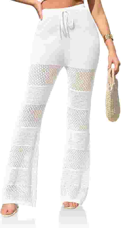 Saída de praia feminina boho malha crochê cintura alta cordão transparente calça de natação vazada