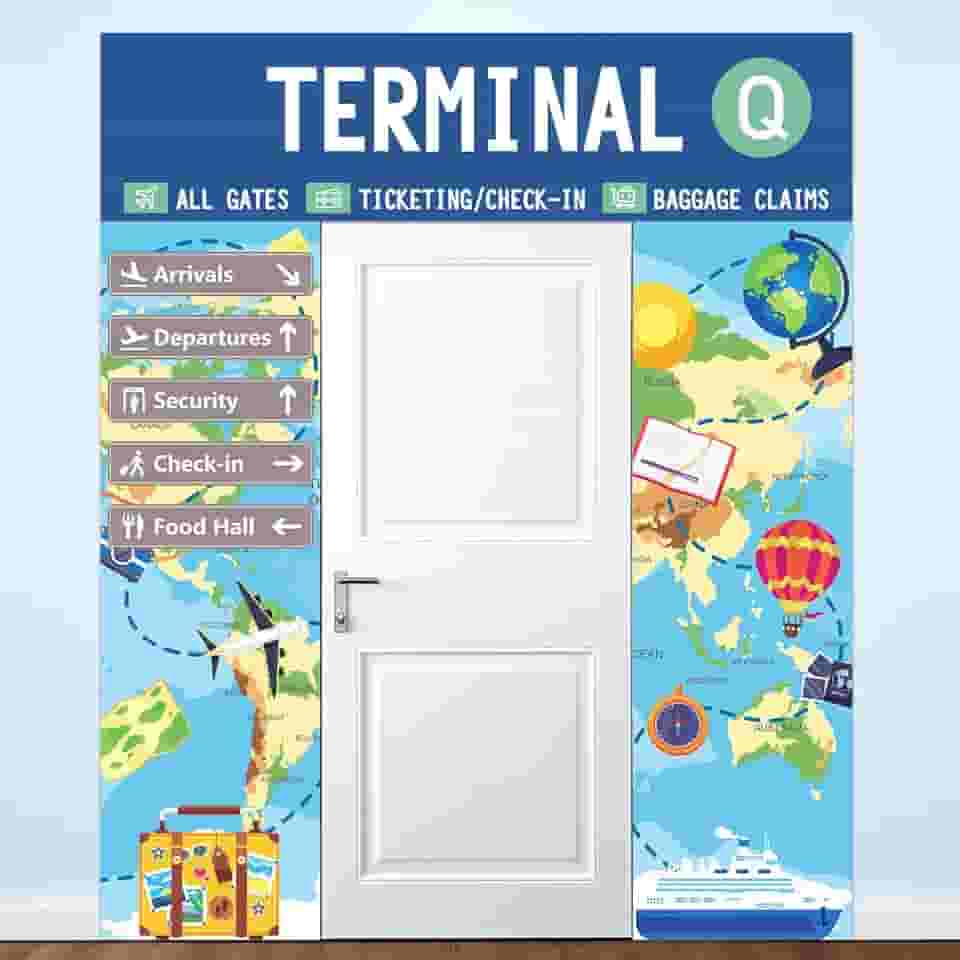 3 peças de faixa de porta de terminal de aeroporto decoração de faixa de varanda temática de viagem decoração de festa de aeroporto mapa do mundo de avião pano de fundo pendurado para festa de