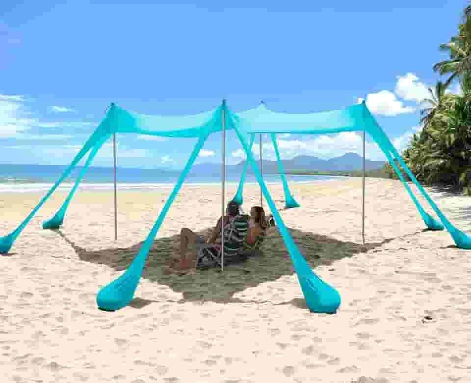 Barraca para Praia 3 x 3 m Tenda com Sacos Areia, Abrigo Praia Portátil Guarda-sol Portátil para Família para 4 a 8 Pessoas, para Viagens Acampamento, Pesca, Diversão no Quintal ou Piqueniques