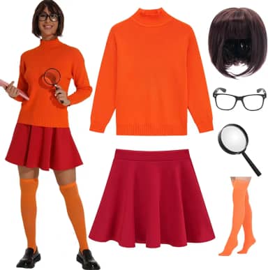 Fantasias de Halloween para casais 2024 Velma cosplay roupa laranja gola rolê suéter de malha com minissaia skatista
