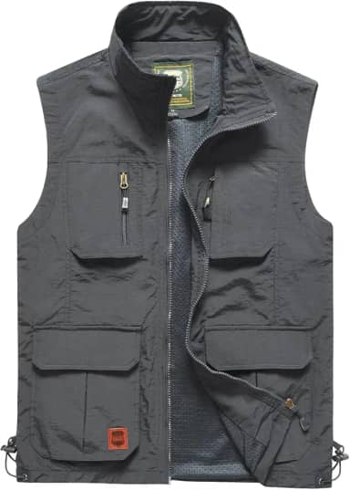 Colete masculino de pesca, uso ao ar livre, secagem rápida, zíper, reversível, para viagem, jaqueta com vários bolsos