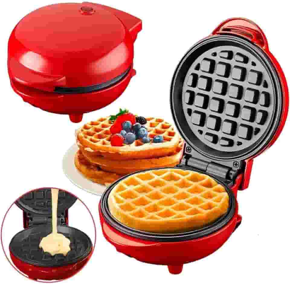 Mini Máquina de Waffles Elétrica, 110V, Antiaderente, Vermelha, para Café da Manhã e Sobremesas - Premium
