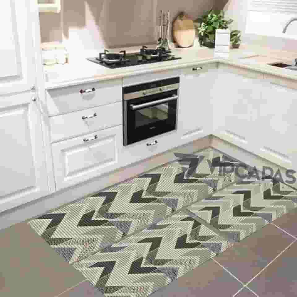 Tapete Cozinha Emborrachado Antiderrapente Kit 3 Peças Zig Zag Cinza