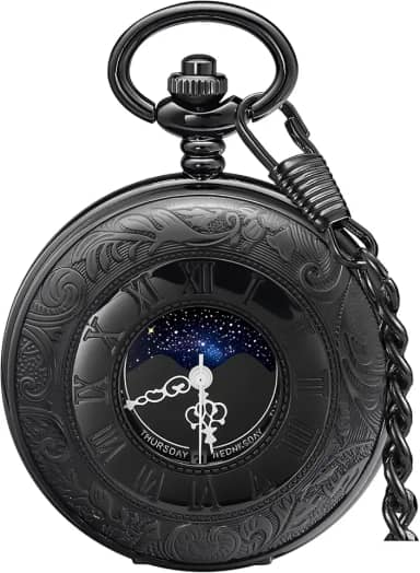 Relógio de bolso vintage com escala de números romanos, calendário de fases da lua, quartzo, relógio de bolso com corrente, melhor presente