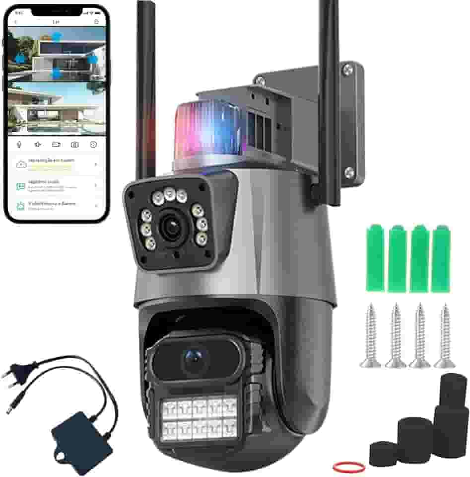 Câmera de Segurança WiFI Externa 360° PTZ - Dual 3MP Full HD + Detecção Humana, Zoom 5x, Visão Noturna Colorida, Alarme com Luz/Som, Áudio Bidirecional, IP66, Cloud/Cartão SD