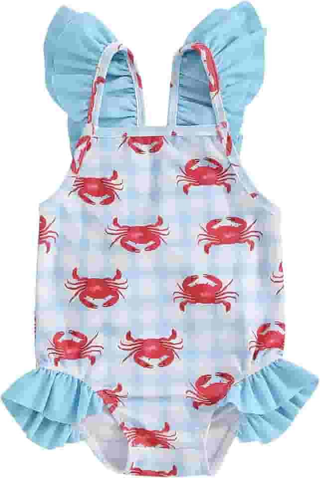 Maiô infantil para meninas, estampa de caranguejo, manga mosca, acabamento com babados, roupa de banho de verão Rash Guard
